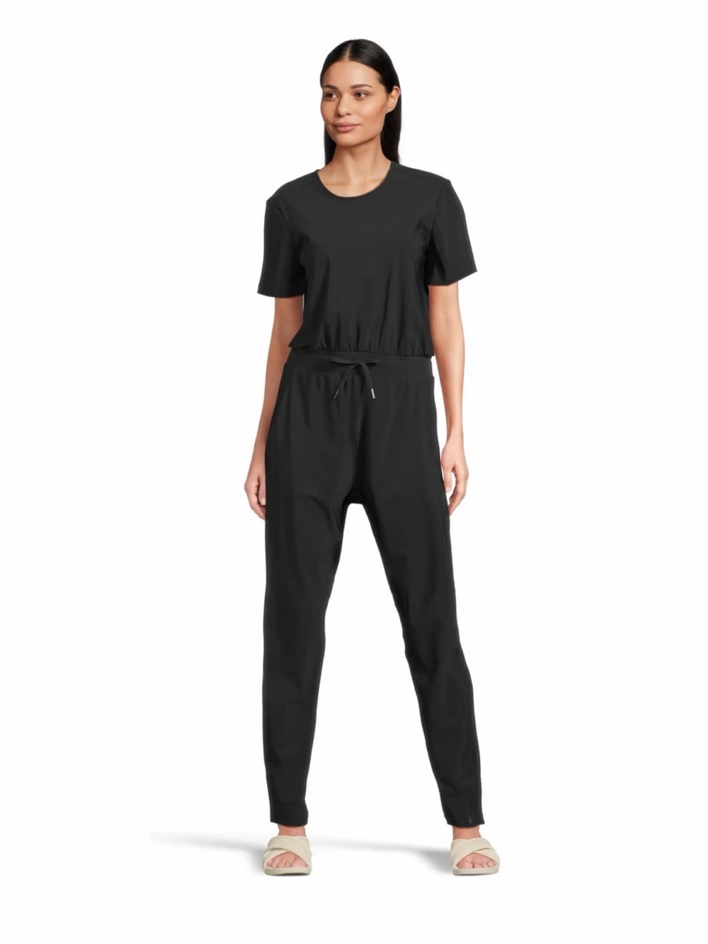 Sweaty Betty Black Explorer Short-Sleeve Jumpsuit with Drawstring Waist